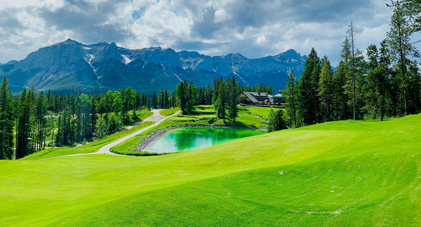 Golf Course in Mountains with pine trees and pond