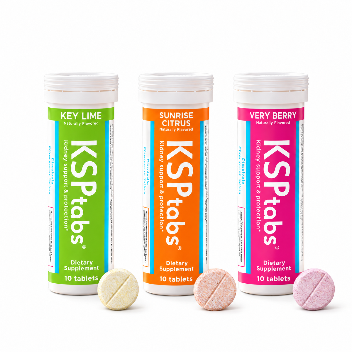 Three KSPtabs dietary supplement bottles in Key Lime, Sunrise Citrus, and Very Berry flavors, shown with three round scored KSPtabs in front on a white background.