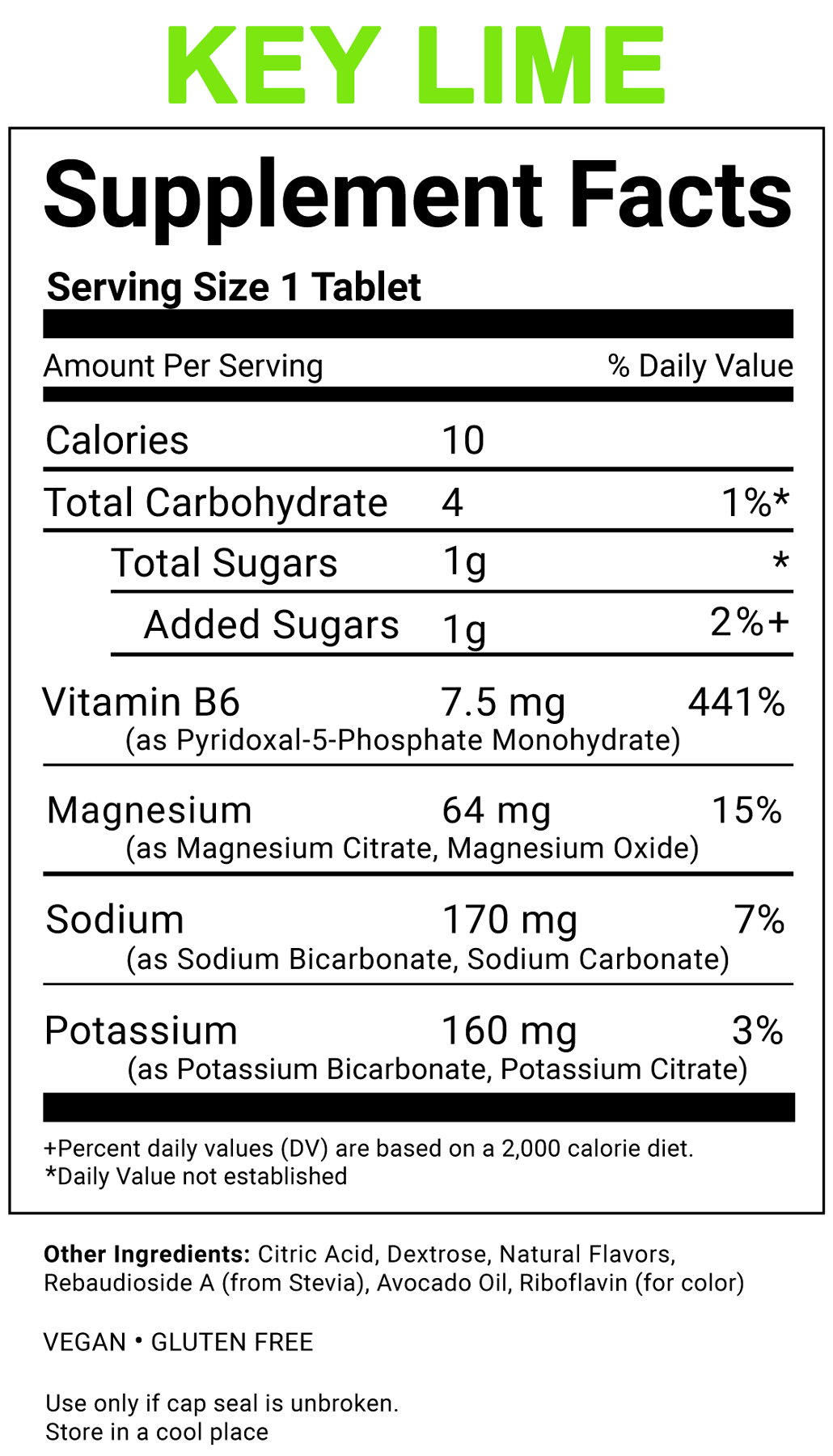 A supplement facts label for a key lime flavored tablet, showing a serving size of 1 tablet and a detailed list of nutrients including Vitamin B6, Magnesium, Sodium, and Potassium, with 'KEY LIME' written in green at the top.