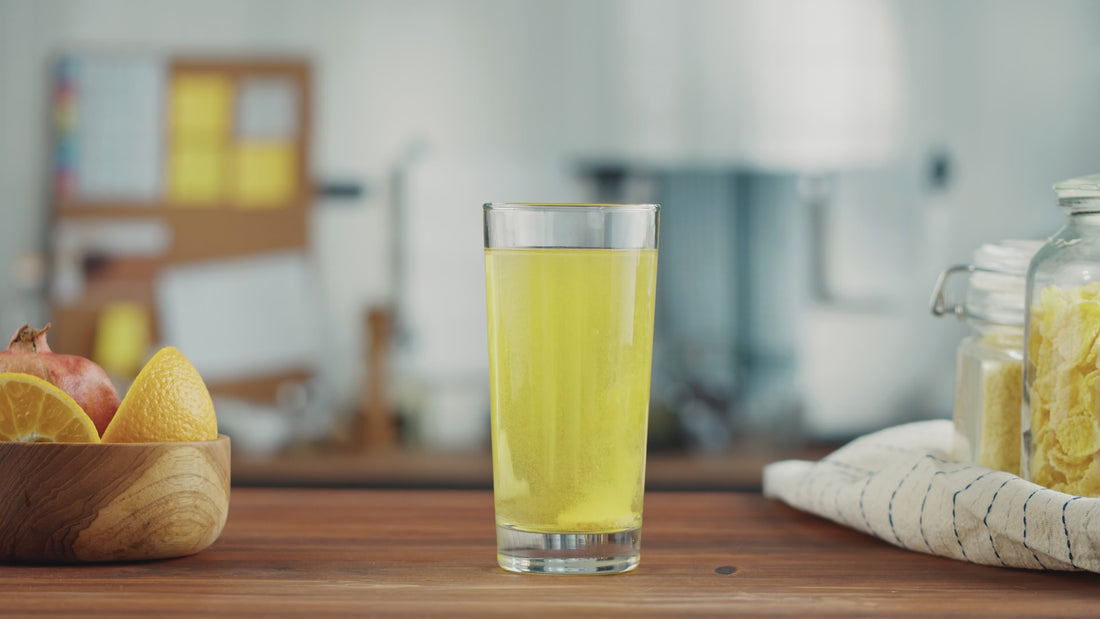 Orange KSP tablet dissolving in glass of water on a table.